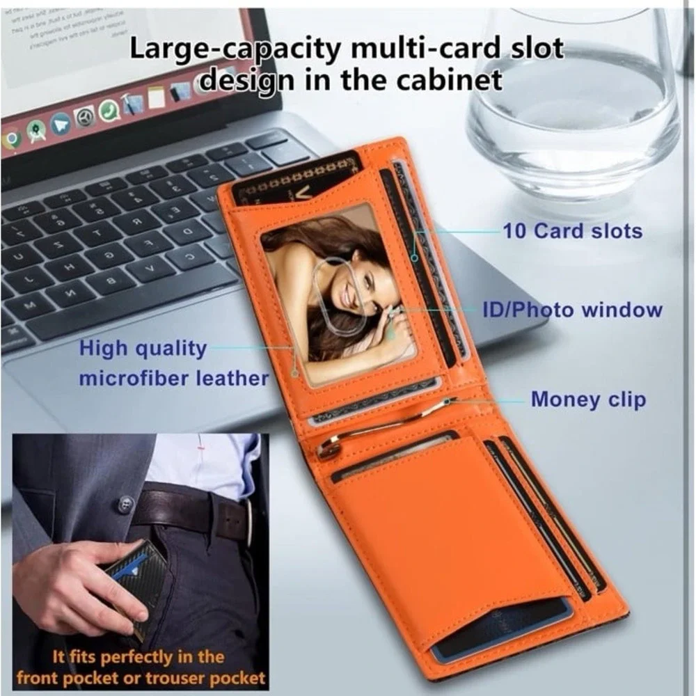 NEW Men's Minimalist Slim Black Carbon Fiber‎ & Orange Wallet w/ Money Clip